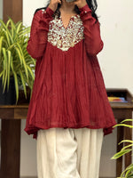 Maroon Mul chanderi Anarkali and White Farshi Salwar