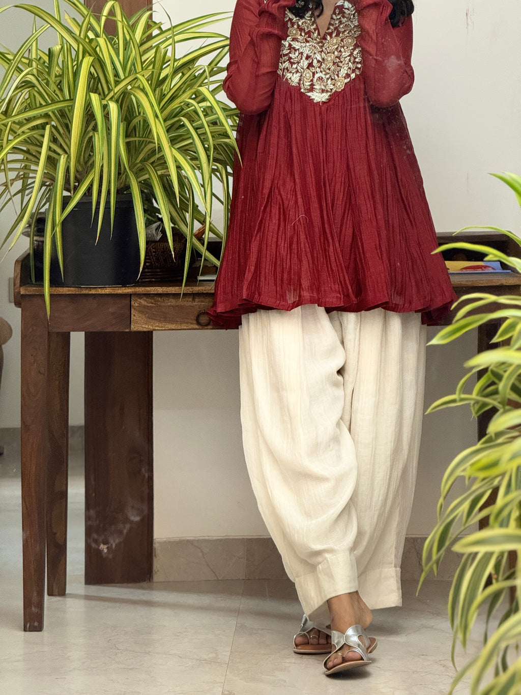 Maroon Mul chanderi Anarkali and White Farshi Salwar