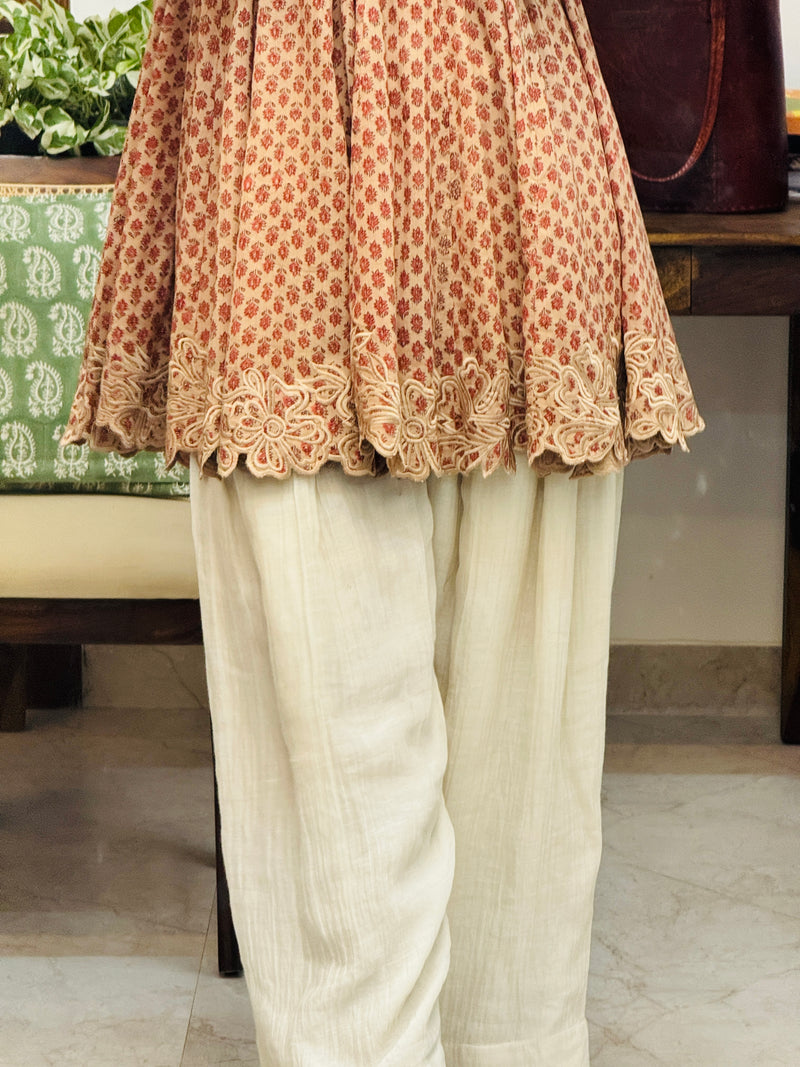 Beige cotton embroidered Anarkali with Farshi Salwar