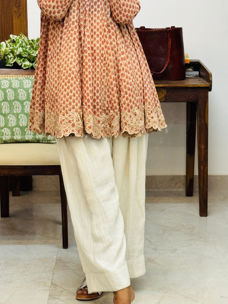 Beige cotton embroidered Anarkali with Farshi Salwar