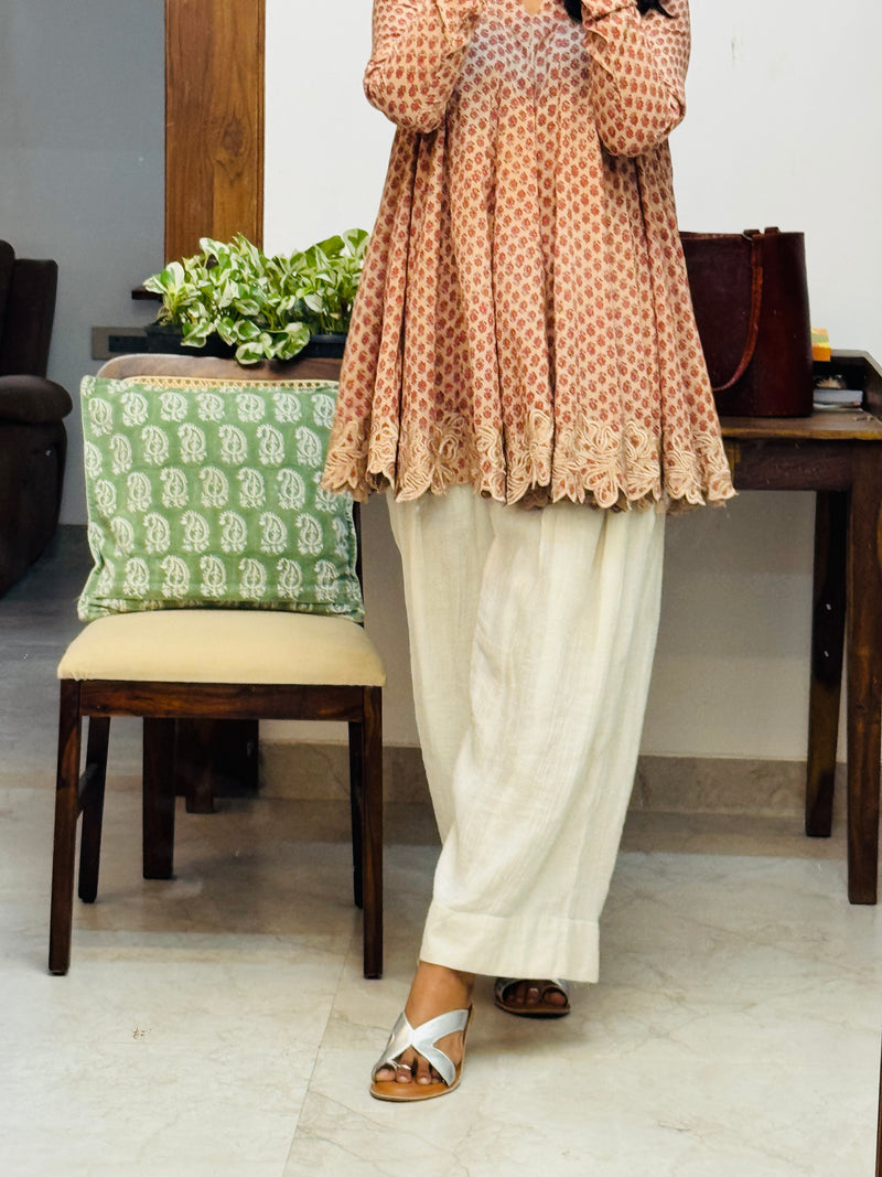 Beige cotton embroidered Anarkali with Farshi Salwar