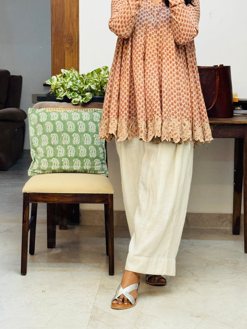 Beige cotton embroidered Anarkali with Farshi Salwar