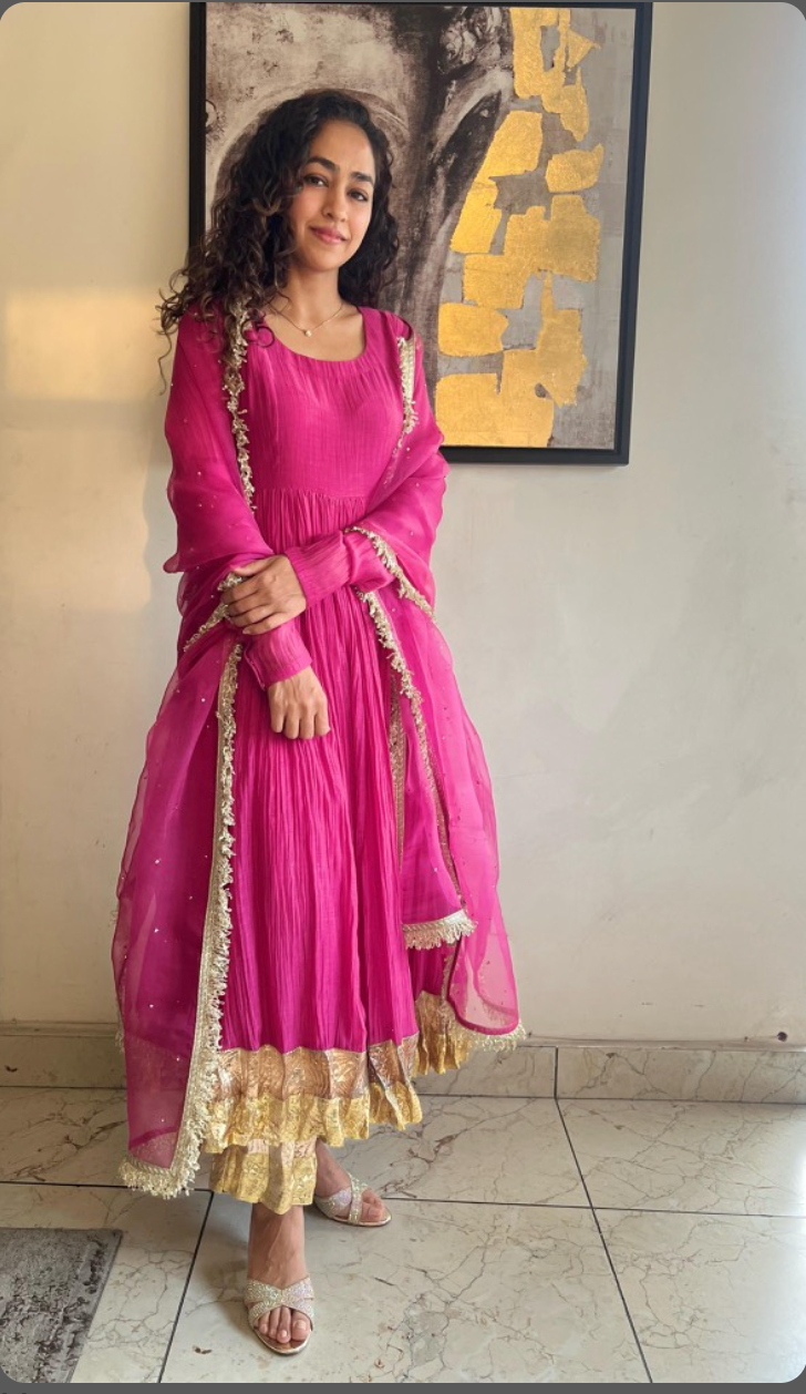 Pink Mul Chanderi Anarkali with churi sleeves Set of 3
