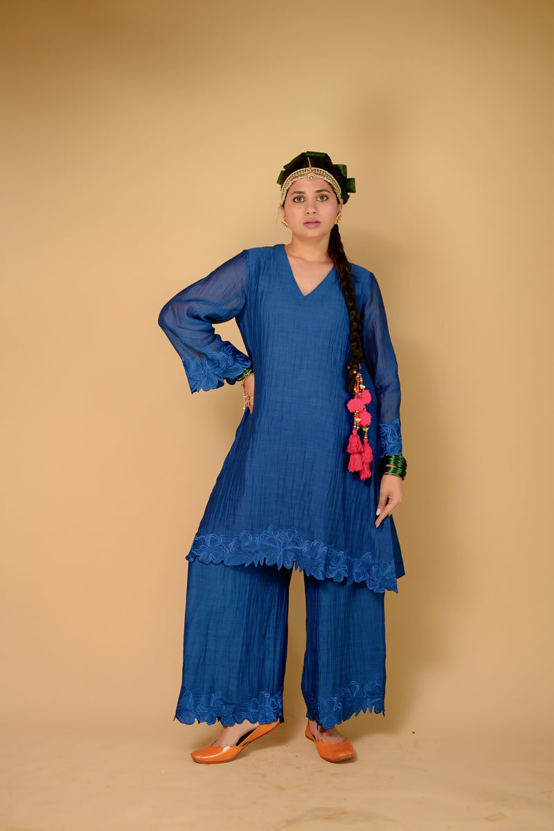 Royal blue embroidered kurta set of 2