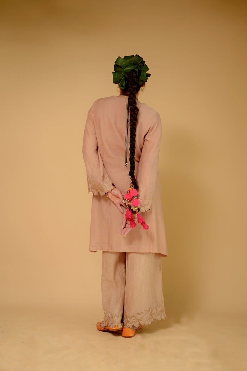 Mul chanderi Beige embroidered kurta set of 2