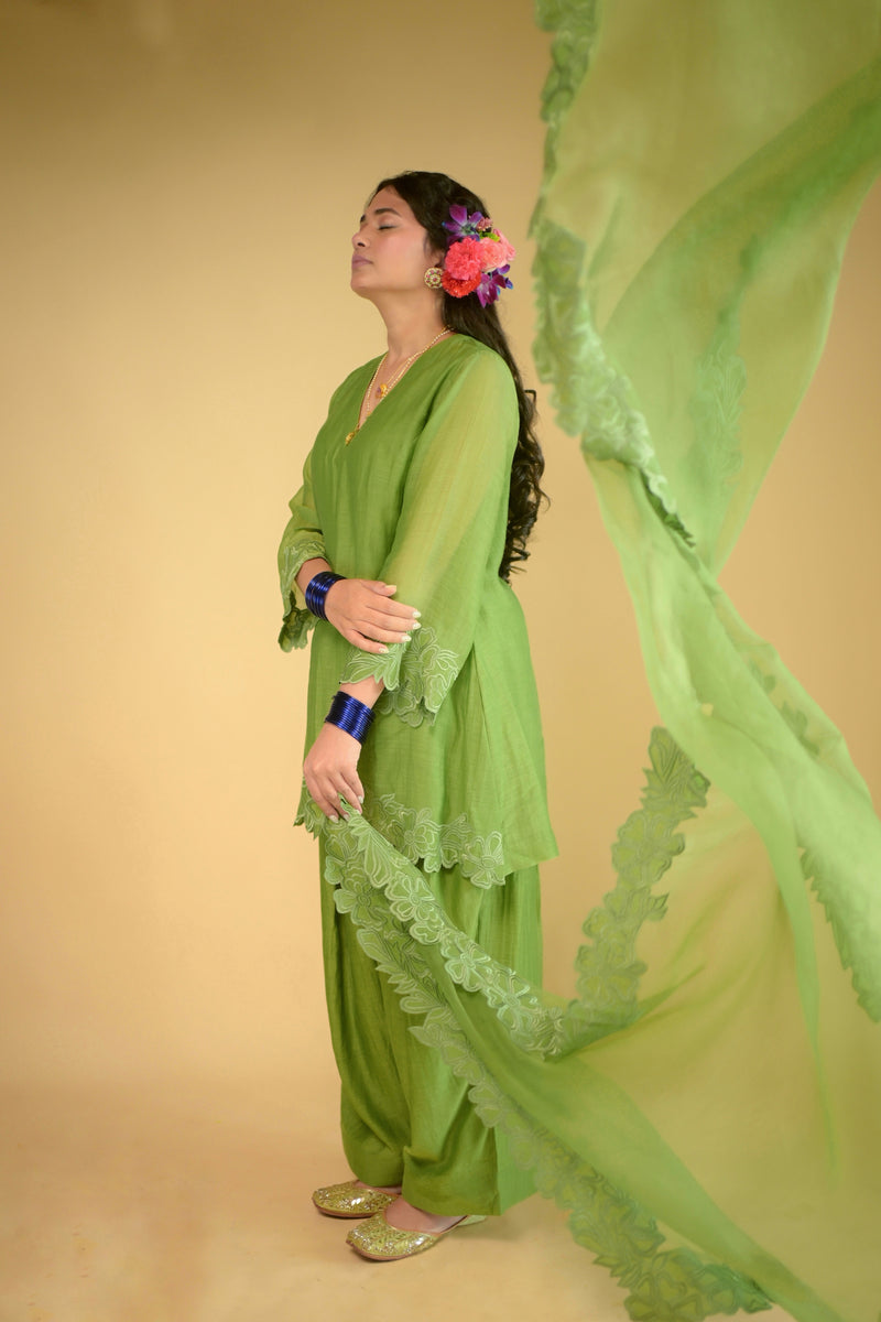 Short Sage green Mul chanderi Farshi salwar Kurta set of 2