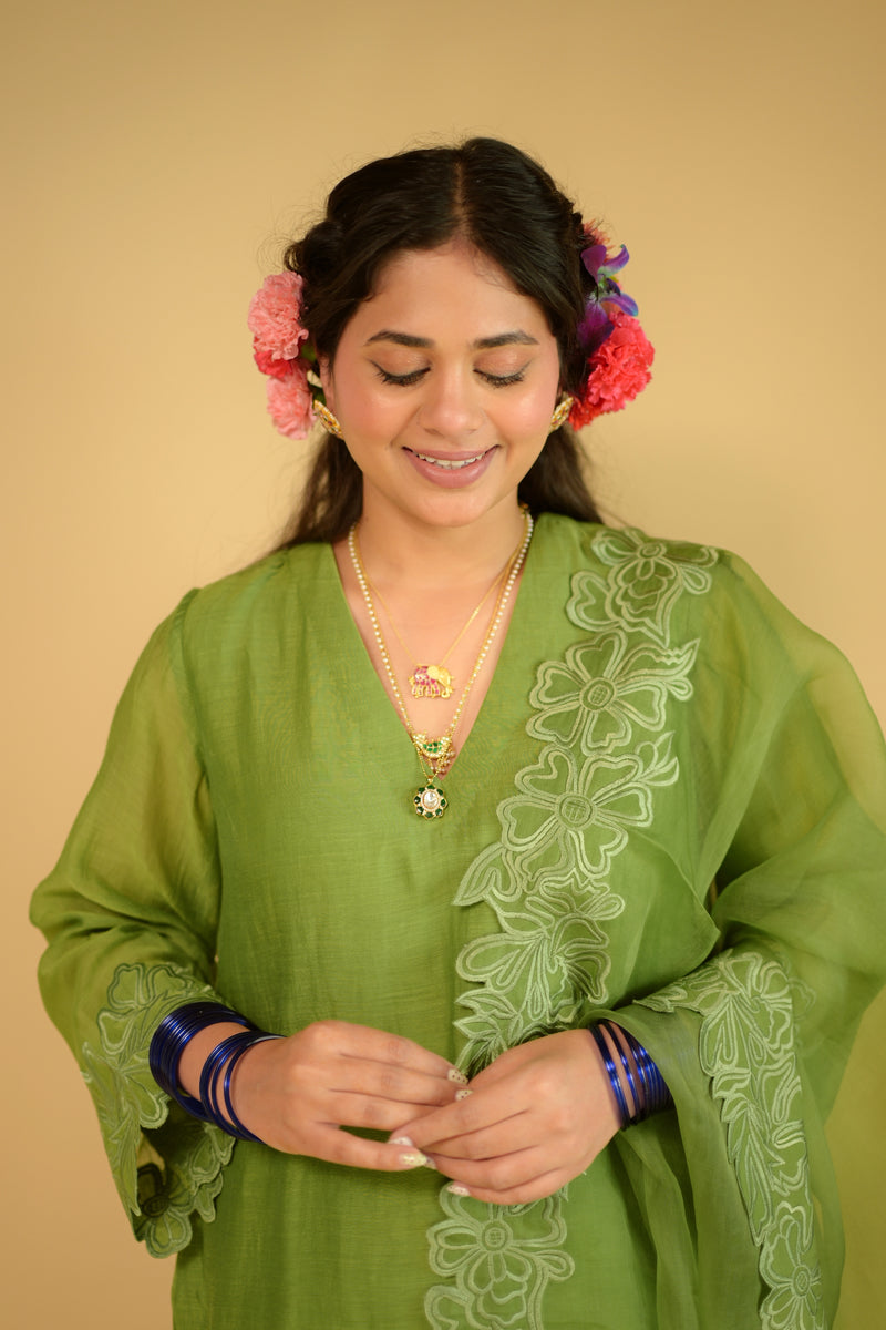 Short Sage green Mul chanderi Farshi salwar Kurta set of 2