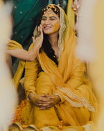 Yellow chanderi anarkali with churi sleeves Set of 3