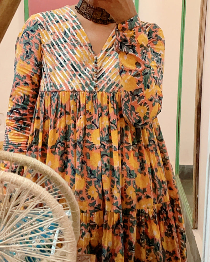 Peach 3 tier block print anarkali with long sleeves Set of 3