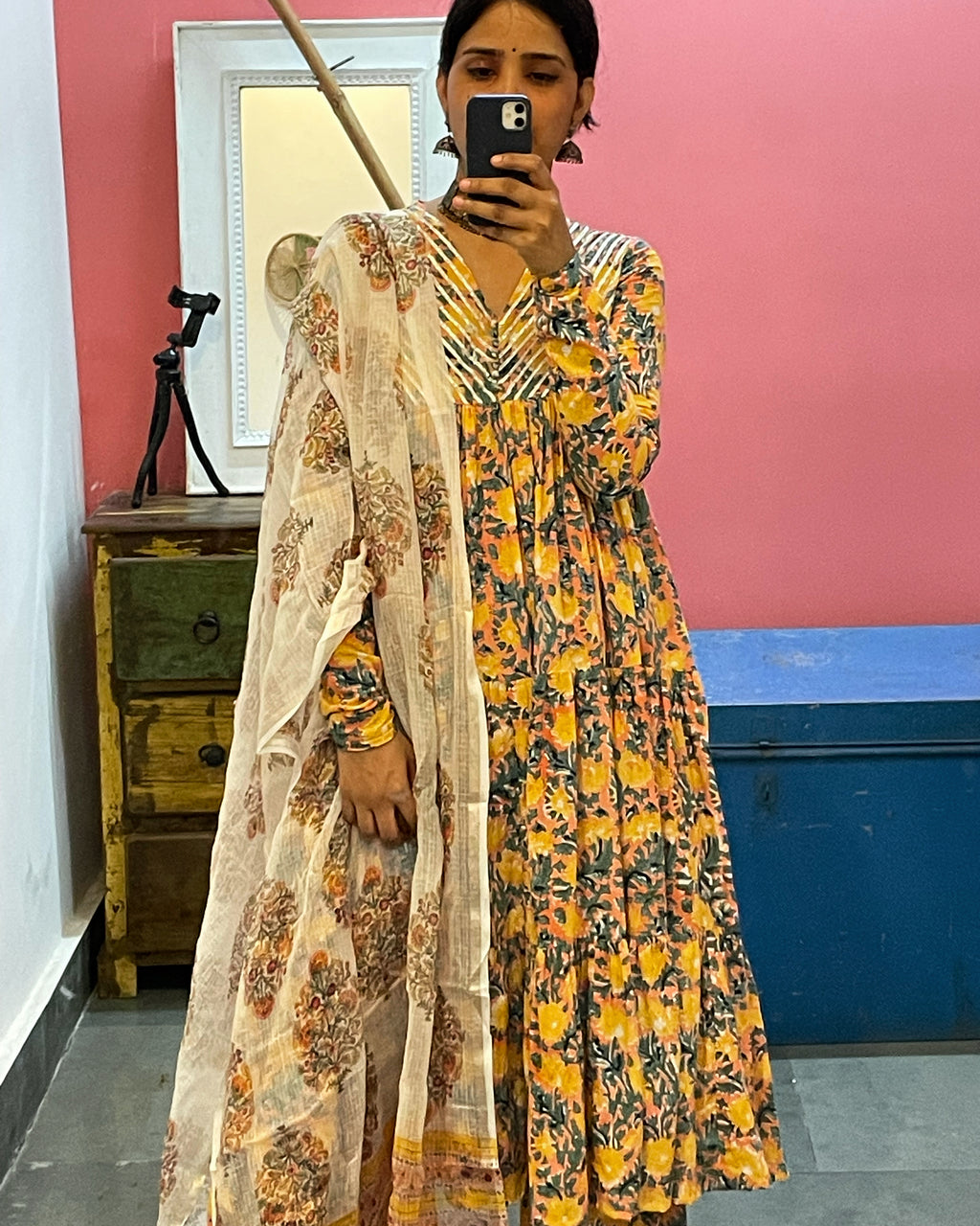 Peach 3 tier block print anarkali with long sleeves Set of 3