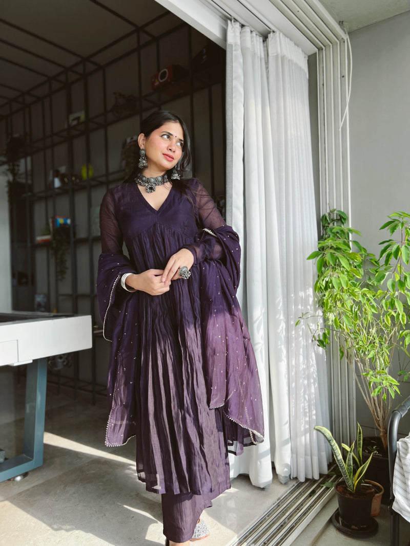 Purple chanderi anarkali with churi sleeves Set of 3