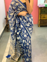 Blue paisley block printed chanderi saree