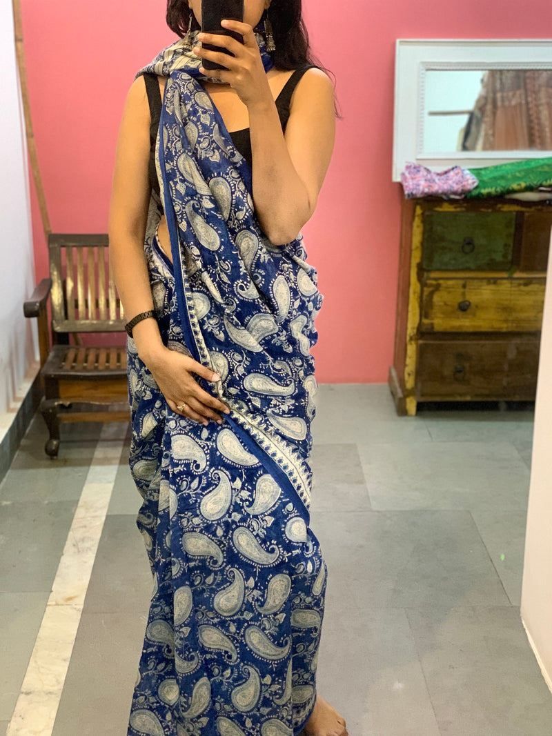 Blue paisley block printed chanderi saree