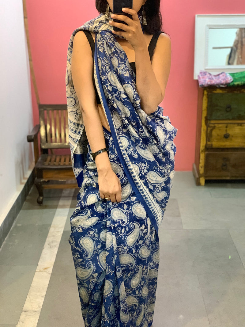 Blue paisley block printed chanderi saree