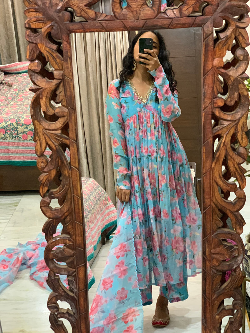 Sky Blue chanderi anarkali set of 3