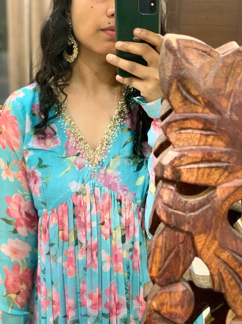Sky Blue chanderi anarkali set of 3