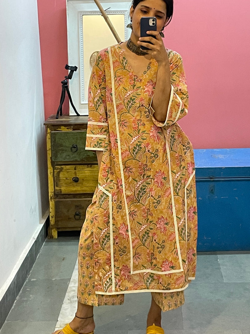 Mustard Yellow block print kurta Set of 2