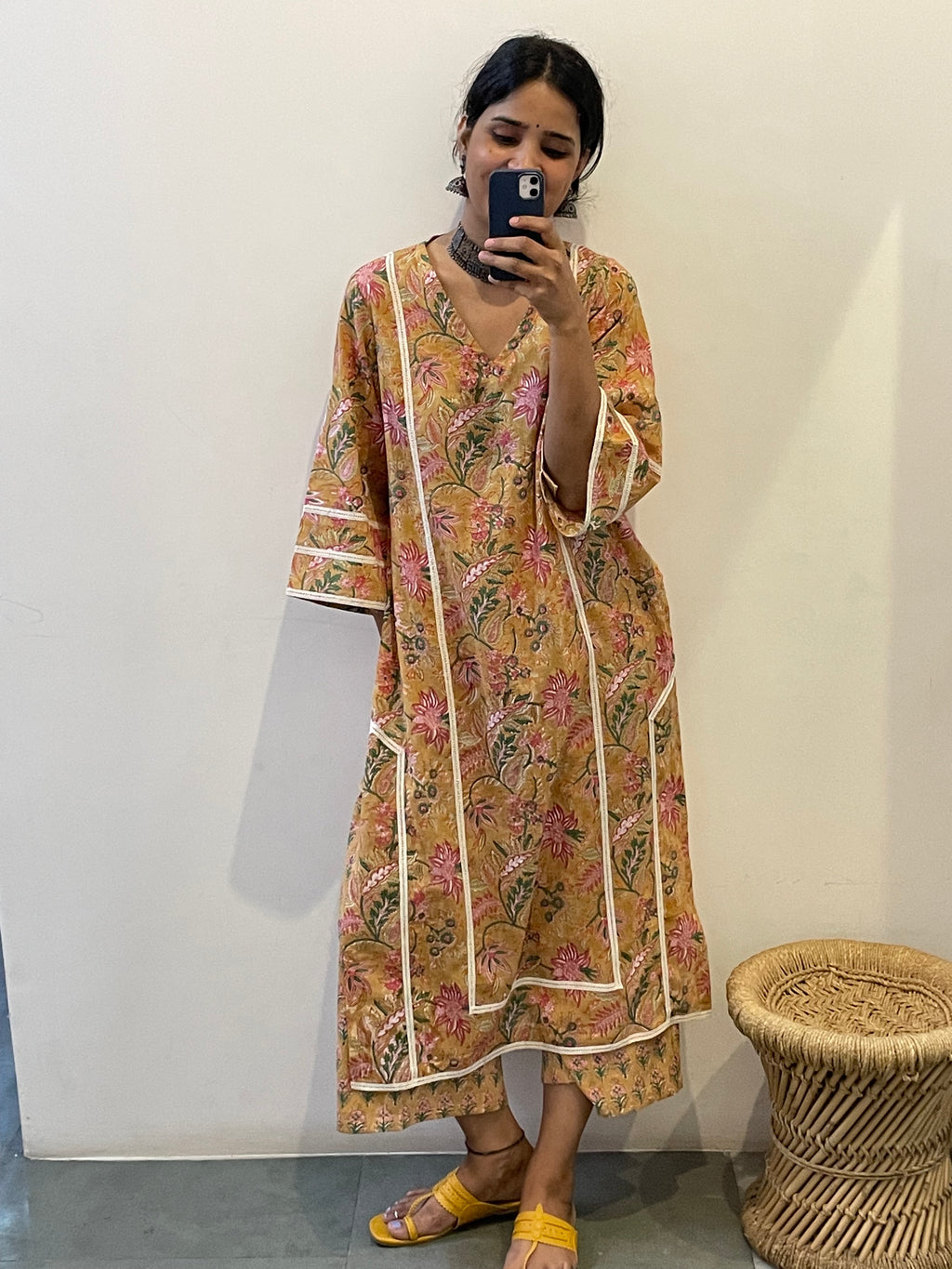 Mustard Yellow block print kurta Set of 2