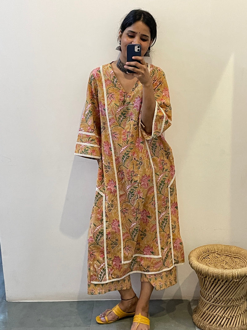 Mustard Yellow block print kurta Set of 2