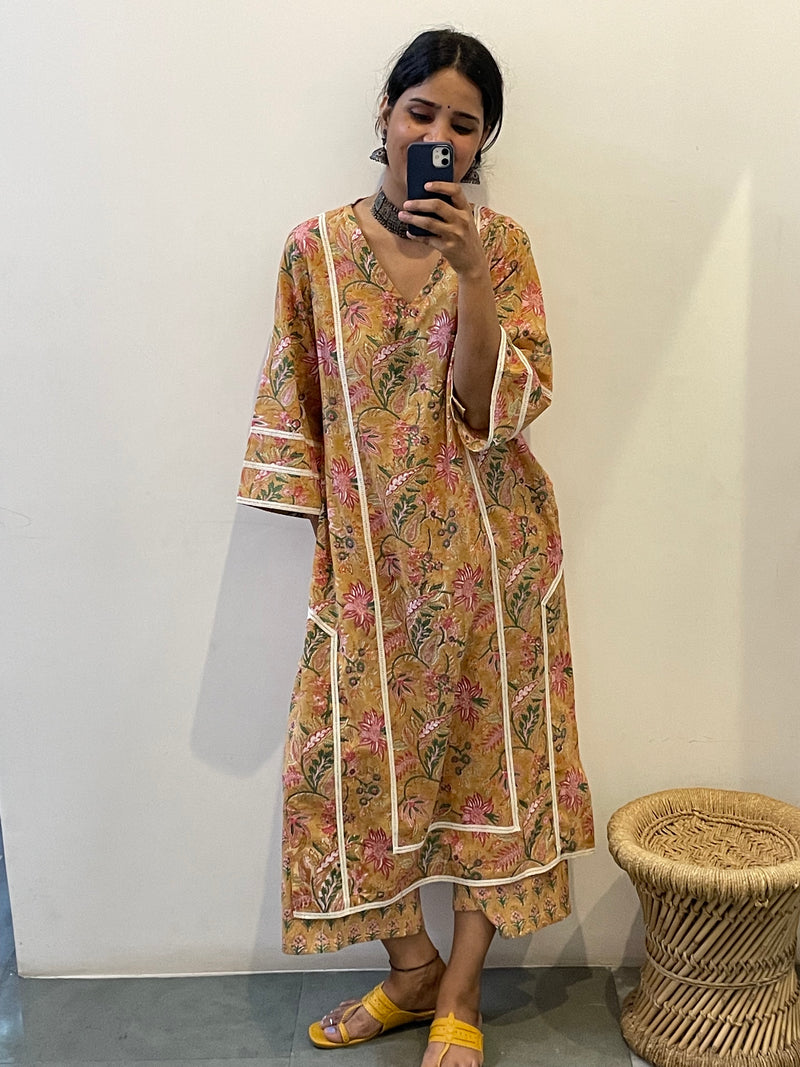 Mustard Yellow block print kurta Set of 2