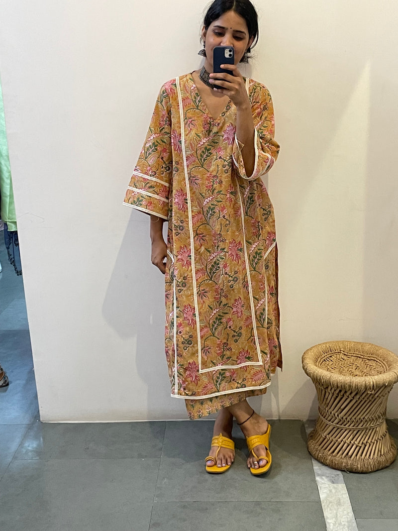 Mustard Yellow block print kurta Set of 2