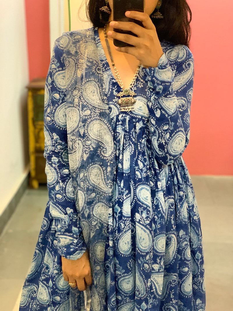 Blue Paisley Anarkali With Full Sleeves Set of 3