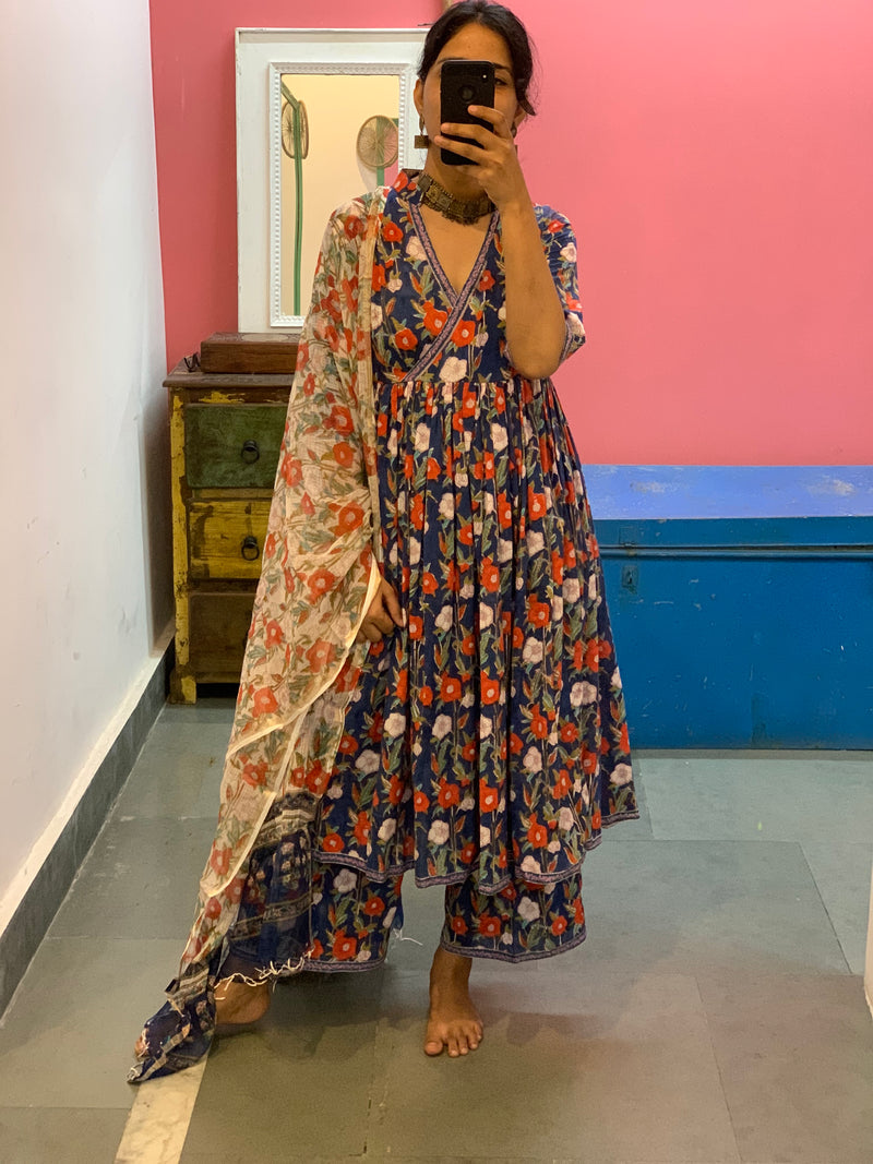 Blue open flap Anarkali set of 3
