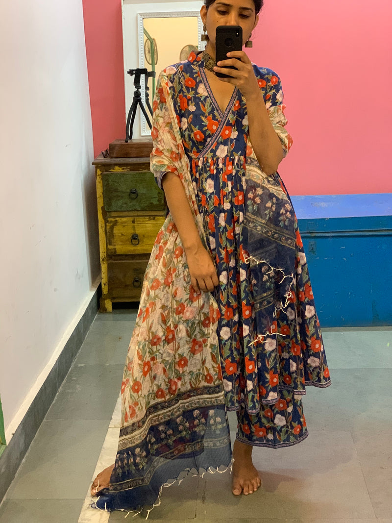 Blue open flap Anarkali set of 3