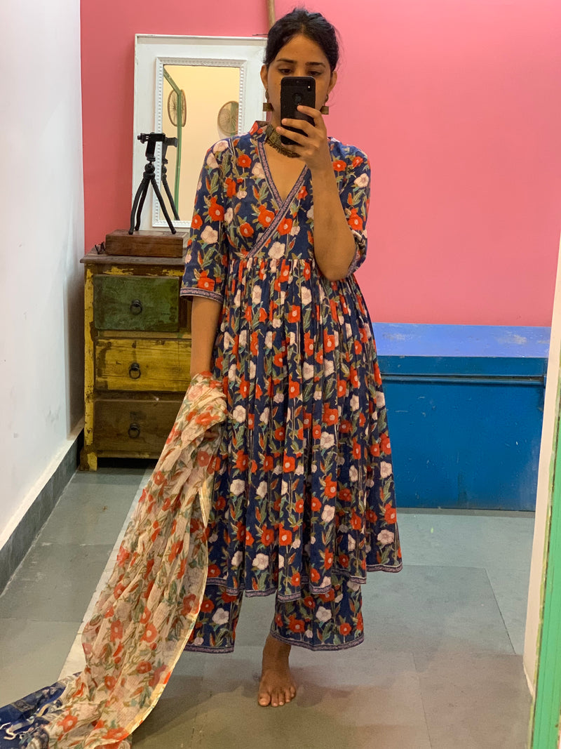 Blue open flap Anarkali set of 3