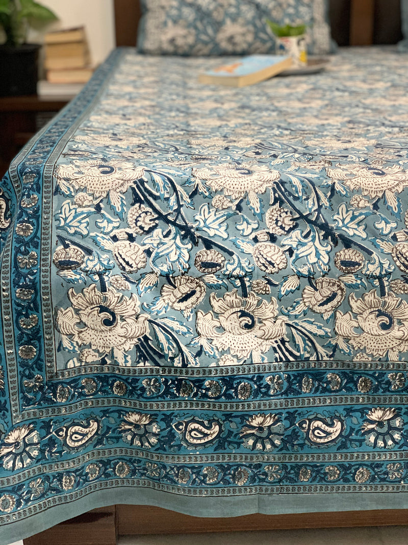 Blue cotton block printed double bedsheet