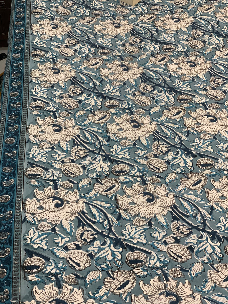 Blue cotton block printed double bedsheet
