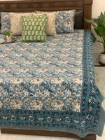 Blue cotton block printed double bedsheet