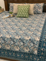 Blue cotton block printed double bedsheet