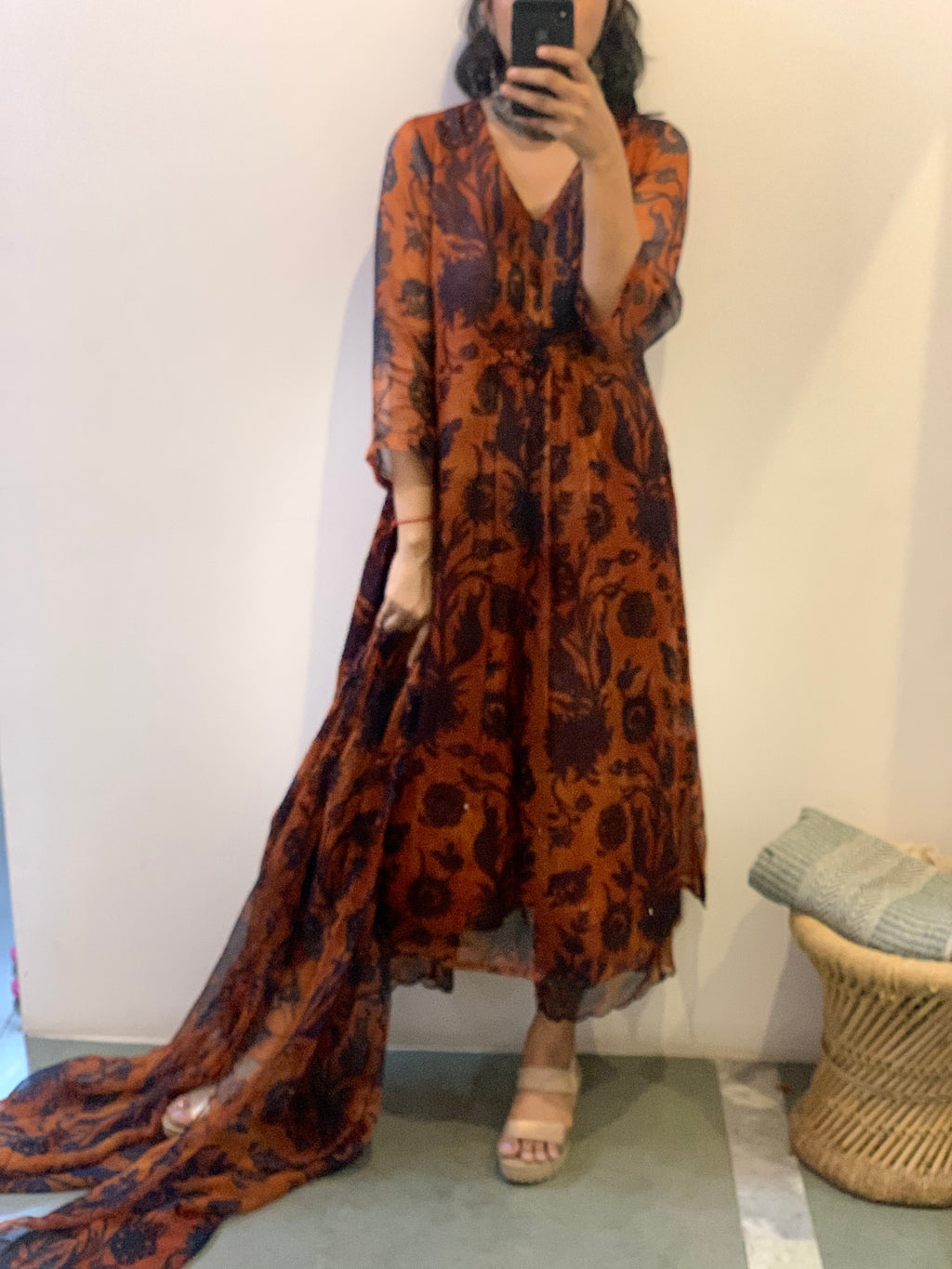 Rustic orange printed organza kurta set of 3