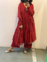 Deep Red chanderi anarkali with churi sleeves Set of 3