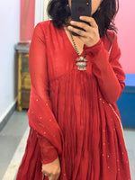 Deep Red chanderi anarkali with churi sleeves Set of 3