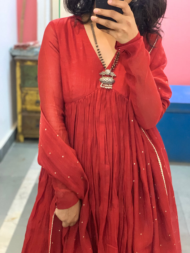 Deep Red chanderi anarkali with churi sleeves Set of 3