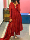 Deep Red chanderi anarkali with churi sleeves Set of 3