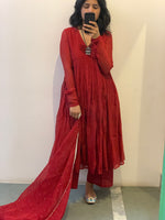 Deep Red chanderi anarkali with churi sleeves Set of 3