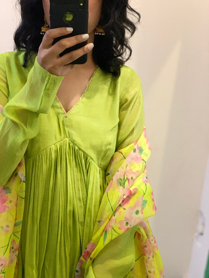 Lime green chanderi anarkali with churi sleeves Set of 3