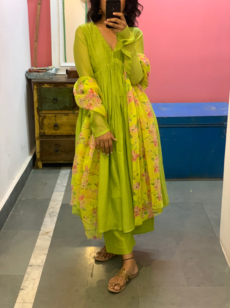 Lime green chanderi anarkali with churi sleeves Set of 3
