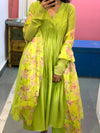 Lime green chanderi anarkali with churi sleeves Set of 3