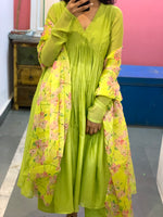 Lime green chanderi anarkali with churi sleeves Set of 3