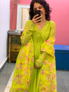 Lime green chanderi anarkali with churi sleeves Set of 3