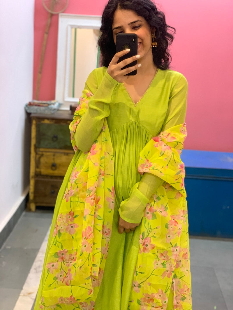 Lime green chanderi anarkali with churi sleeves Set of 3