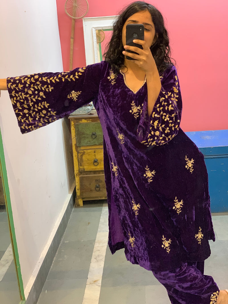 Purple Velvet Kurta Set of 2
