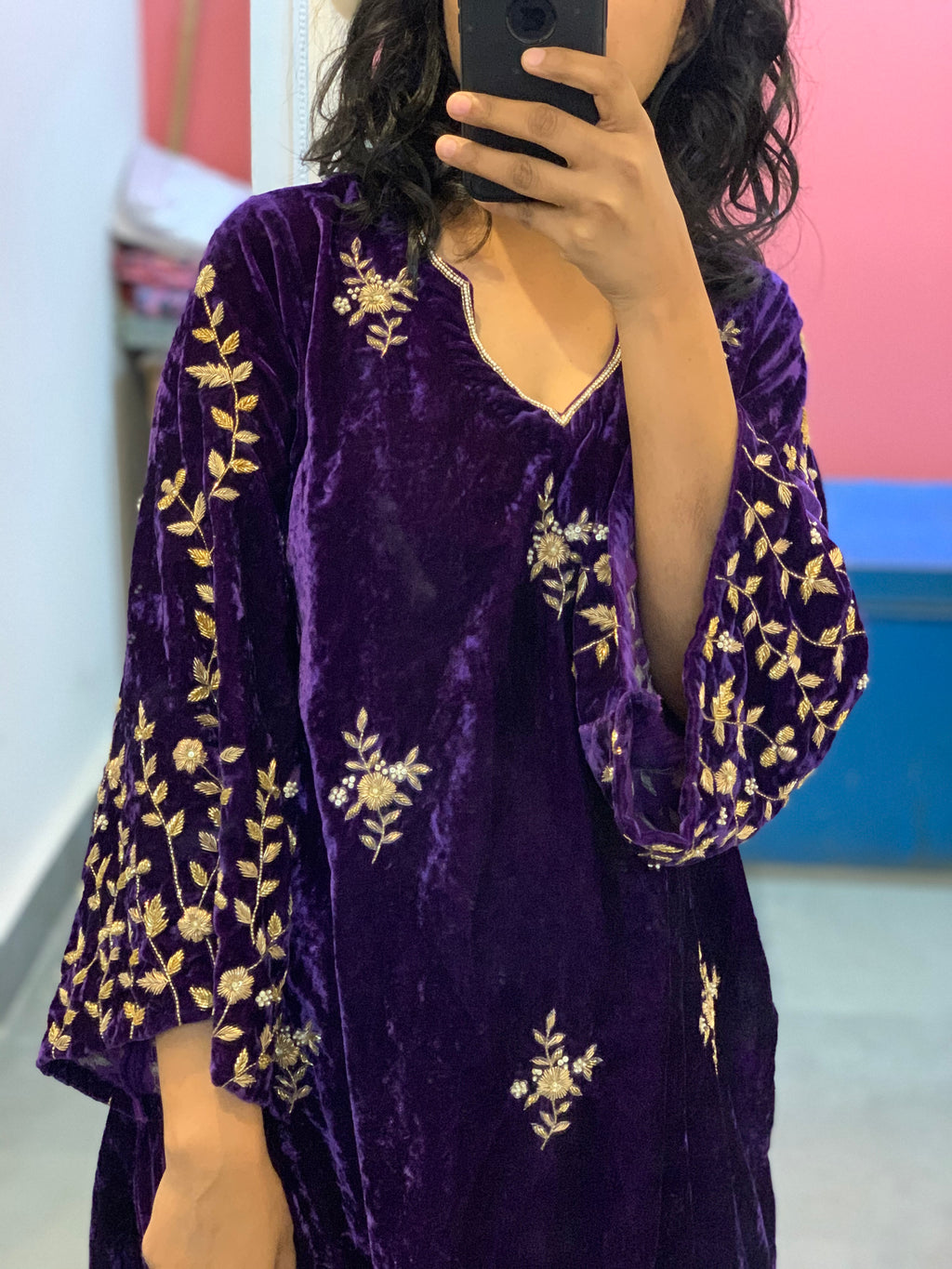 Purple Velvet Kurta Set of 2