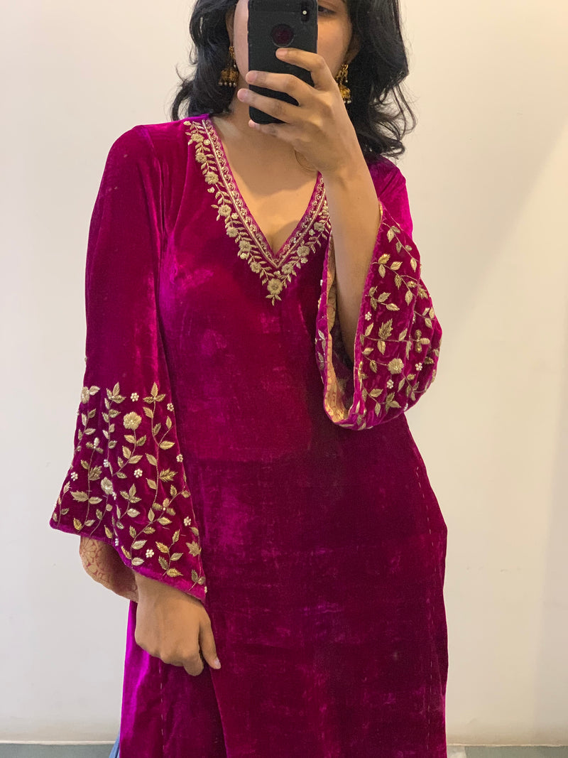 Pink Velvet Kurta Set of 2