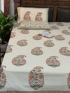 Beige/Off White cotton block printed double bedsheet