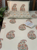 Beige/Off White cotton block printed double bedsheet